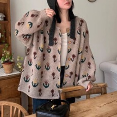 批发秋冬<b class='q'>外贸</b>韩国东大门复古花朵慵懒针织<b class='q'>开衫</b>宽松显瘦卷边毛衣外套女