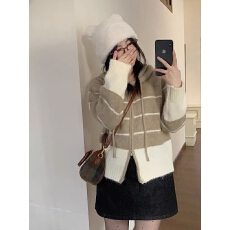 批发跨境<b class='q'>外贸</b>韩系撞色条纹秋冬双拉链连帽<b class='q'>开衫</b>宽松慵懒风<b class='q'>开衫</b>针织上衣