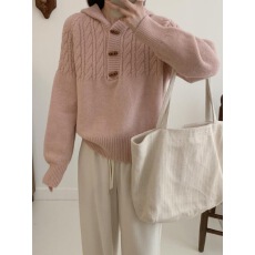 批发牛角扣编织麻花毛衣女秋冬跨境亚马逊慵懒宽松套头外穿连帽针织衫