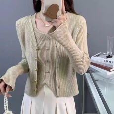 批发跨境亚马逊小香风法式气质<b class='q'>甜美</b>简约花朵内搭吊带针织开衫两件套