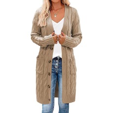 批发欧美外贸亚马逊秋冬新款长款麻花毛衣女纯色纽扣插袋开衫<b class='q'>外套</b>针织