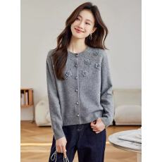 批发外贸立体花朵高级灰色针织开衫女新款春秋小外搭<b class='q'>短款</b>软糯毛衣外套