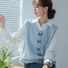 批发跨境亚马逊温柔风<b class='q'>甜美</b>蝴蝶结装饰针织开衫马甲秋冬新款叠穿上衣