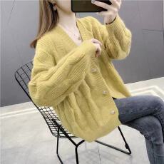批发秋冬装新款麻花毛衣<b class='q'>外套</b>女外贸韩版宽松V领针织开衫外搭上衣潮