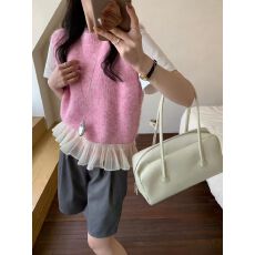 批发外贸韩系荷叶边花边拼接针织马甲女春秋季设计感无袖坎肩叠穿背心