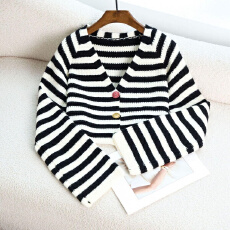 跨境日韩风撞色条纹针织开衫女秋冬季小香风宽松百搭毛衣短款外套