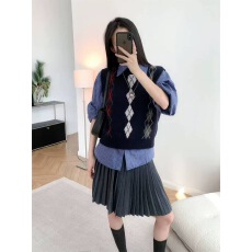 批发学院风<b class='q'>百搭</b>菱形格外贸撞色复古无袖针织套头叠穿圆领马甲背心上衣