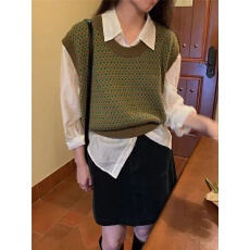 批发跨境亚马逊早秋新款<b class='q'>百搭</b>U领拼色针织衫套头背心无袖针织马甲女