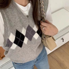 批发外贸学院风菱格V领针织背心女秋季日系叠穿无袖毛衣马夹坎肩外搭
