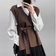 批发跨境外贸针织马甲背心女春秋新款设计感小众V领无袖毛衣坎肩外搭