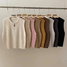 批发速卖通拉链圆领短款针织马甲女春秋新款宽松外搭叠穿纯色毛衣背心