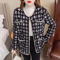 批发仿水貂绒外贸秋冬新款小香风时尚女装外套<b class='q'>千鸟格</b>洋气开衫格子开衫