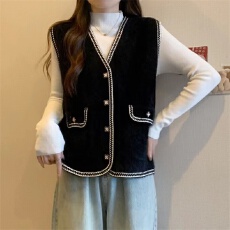 批发跨境外贸亚马逊秋冬新款显瘦宽松小香风马甲针织水貂绒开衫外套