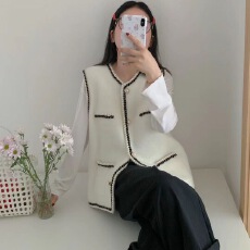 批发亚马逊法式小香风马甲女春秋新款宽松上衣仿水貂针织开衫背心女