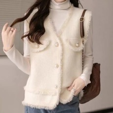 批发仿水貂绒毛衣马甲女春秋冬外贸无袖背心马夹流苏开衫坎肩上衣外套