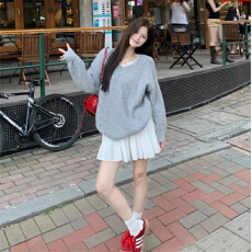 批发外贸韩系蕾丝拼接设计慵懒<b class='q'>气质</b>上衣女装宽松显瘦套头长袖针织毛衣