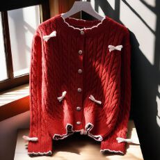 批发红色麻花蝴蝶结毛衣外套女宽松早春新款速卖通韩版外搭针织衫开衫