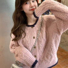 批发秋冬新款外贸韩版百搭麻花毛衣开衫复古软糯慵懒风温柔针织上衣女