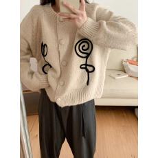 批发跨境亚马逊时尚开衫毛衣外套女秋冬季撞色温柔日系圆领短款上衣