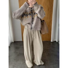 批发跨境外贸设计感复古提花圆领针织<b class='q'>开衫</b><b class='q'>女</b>秋冬减龄上衣宽松软糯毛衣