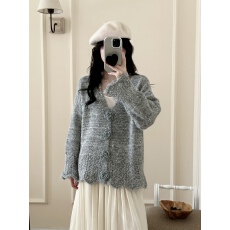 批发亚马逊手工钩花纽扣亮片针织衫秋冬立体花朵设计气质毛衣外套上衣