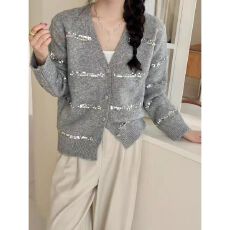 批发秋冬新款减龄小香风外贸韩系针织<b class='q'>开衫</b>显瘦亮片百搭宽松优质毛衣<b class='q'>女</b>