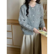 批发外贸设计感亮片花朵圆领毛衣外套<b class='q'>女</b>长袖秋冬新款毛衣针织<b class='q'>开衫</b>上衣