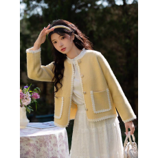 批发小香风气质花边短款黄色外套<b class='q'>女</b>秋季新款跨境外贸韩系休闲显瘦上衣