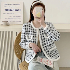 批发跨境外贸仿水<b class='q'>貂绒</b>秋季新款小香风短款女装<b class='q'>外套</b>千鸟格秋冬洋气开衫