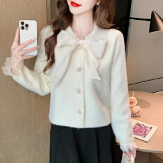 批发外贸速卖通秋冬仿水<b class='q'>貂绒</b>新款蝴蝶结毛衣<b class='q'>外套</b>温柔甜美开衫针织上衣