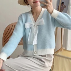 批发仿<b class='q'>貂绒</b>毛衣女春秋季款外贸小香风设计感小众蝴蝶结外穿针织上衣