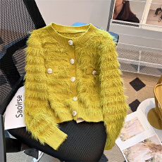 批发外贸仿水<b class='q'>貂绒</b>V领毛衣<b class='q'>外套</b>女冬季新款甜美设计感加厚长袖针织上衣