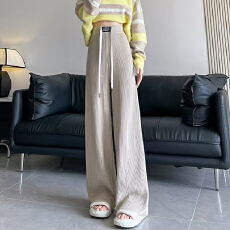 批发外贸细条抽绳针织阔腿裤女秋<b class='q'>冬</b>垂感高腰直筒加厚奶奶裤羊绒拖地裤