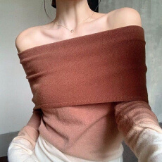 批发外贸新款一字领毛衣女渐变色高级打底修身长袖<b class='q'>针织衫</b>百搭气质上衣