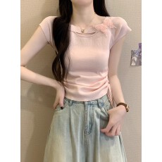 批发跨境亚马逊蝴蝶结短袖上衣女<b class='q'>夏</b>季新款多巴胺掐腰独特漂亮短款T恤