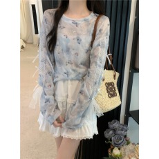 批发跨境亚马逊蓝色蝴蝶印花罩衫T恤女春夏小众休闲宽松薄款防晒上衣