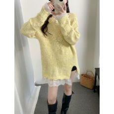 批发外贸法式<b class='q'>甜美</b>立体花朵蕾丝拼接针织衫女春秋新款时尚减龄百搭上衣