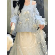 批发蝴蝶结露肩v领毛衣女秋冬外贸穿搭设计感慵懒风甜辣宽松针织上衣