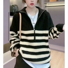 批发秋冬新款女装外贸设计感小众半高领条纹长袖套头慵懒风高级感毛衣