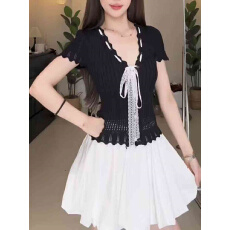 批发跨境亚马逊设计感小众纯欲风蕾丝系带针织钩花镂空短袖小衫女<b class='q'>夏</b>