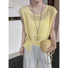 批发韩版蓝色冰丝针织衫t恤无袖小衫女夏季2026新款圆领背心洋气上衣