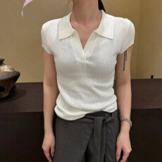 批发2026夏季新款半开领时尚坑条短袖毛针织衫女独特修身显瘦减龄上衣
