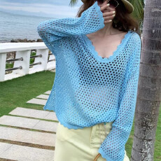 批发2026春夏新款温柔花边镂空连帽休闲度假松弛感薄款针织衫罩衫