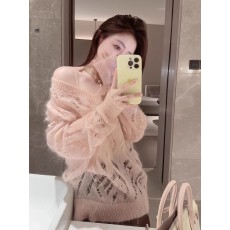 批发法式慵懒风粉色减龄针织衫女软糯V领镂空设计感温柔超仙小众上衣