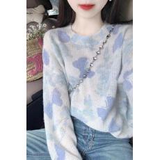 批发秋季渐变懒慵软糯毛衣女蓝色法式蝴蝶撞色复古百搭高级感宽松上衣
