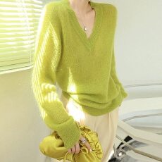 批发慵懒风宽松纯色v领针织衫女装2026秋季新款气质薄款套头上衣