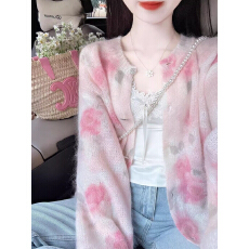 批发粉色温柔风马海毛毛衣开衫外套女秋<b class='q'>冬</b>慵懒风高级感宽松针织衫上衣