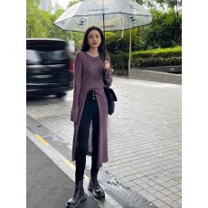 批发韩系气质慵懒风开叉特种纱冰丝绵针织衫女设计感显瘦中长款毛衣