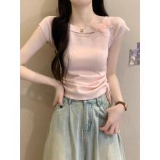 批发薄荷绿蝴蝶结短袖针织上衣女夏日2026新款多巴胺独特漂亮短款T恤