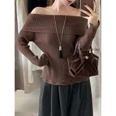 批发法式纯欲慵懒风不规则一字肩纯色毛衣秋设计感宽松气质长袖上衣